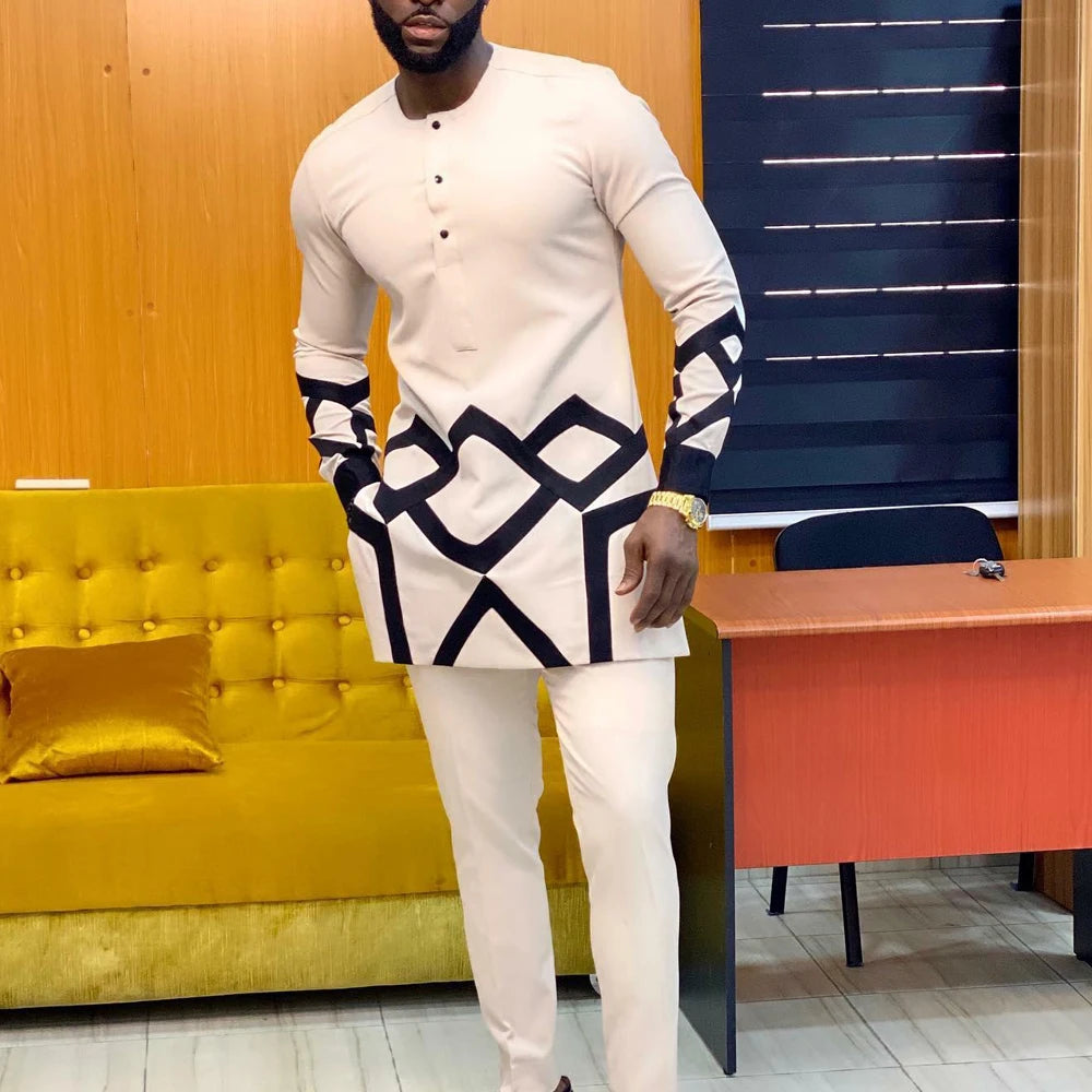 African Traditional Men Suit Printed Shirt Top Elastic Waist Pants White Wedding 2 Piece Set Outfits Ethnic Style Costumes