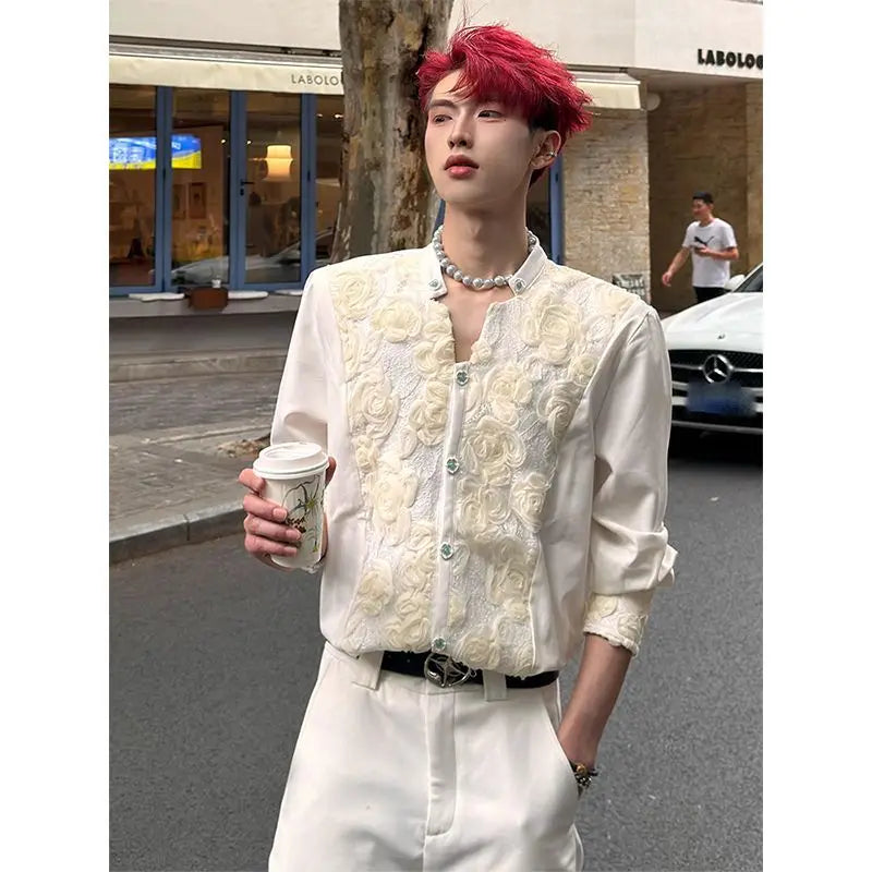 Men's Cream Stand Collar Long-Sleeve Shirt with Rose Embroidery Decorative Buttons Men's Shirts Fashion Men's Clothing