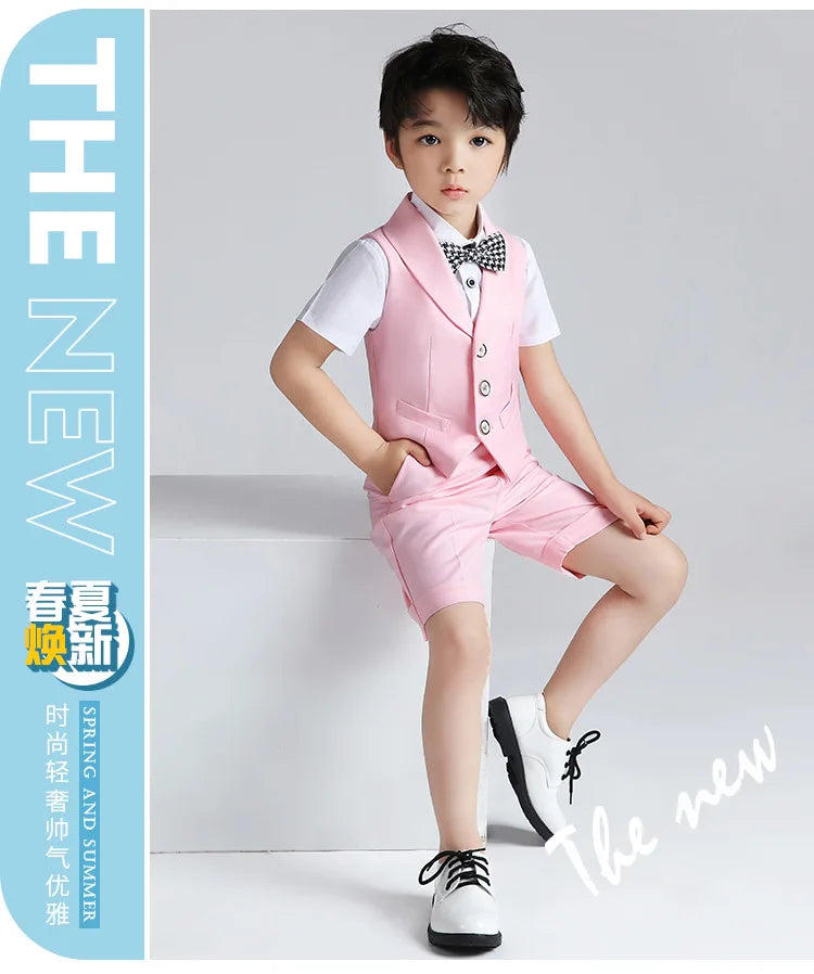 Boys Summer Vest Shirt Shorts Formal Dress Kids Candy Color Waistcoat Wedding Clothes Sets Child Uniforms Toddler Tuxedo Costume