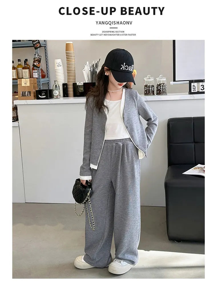 Korea Style Girls Casual Clothing Sets Single Button V-Neck Fake Splice Top and Pants Two Pieces Grey Khaki Kids Teenage Outfits