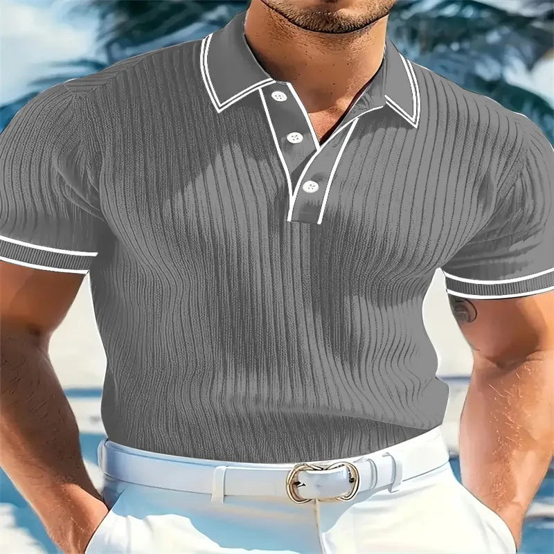 Men Ribbed Knit Polo Shirt Short Sleeve Turn Down Collar Contrast Trim Button Placket Slim Fit Casual Top