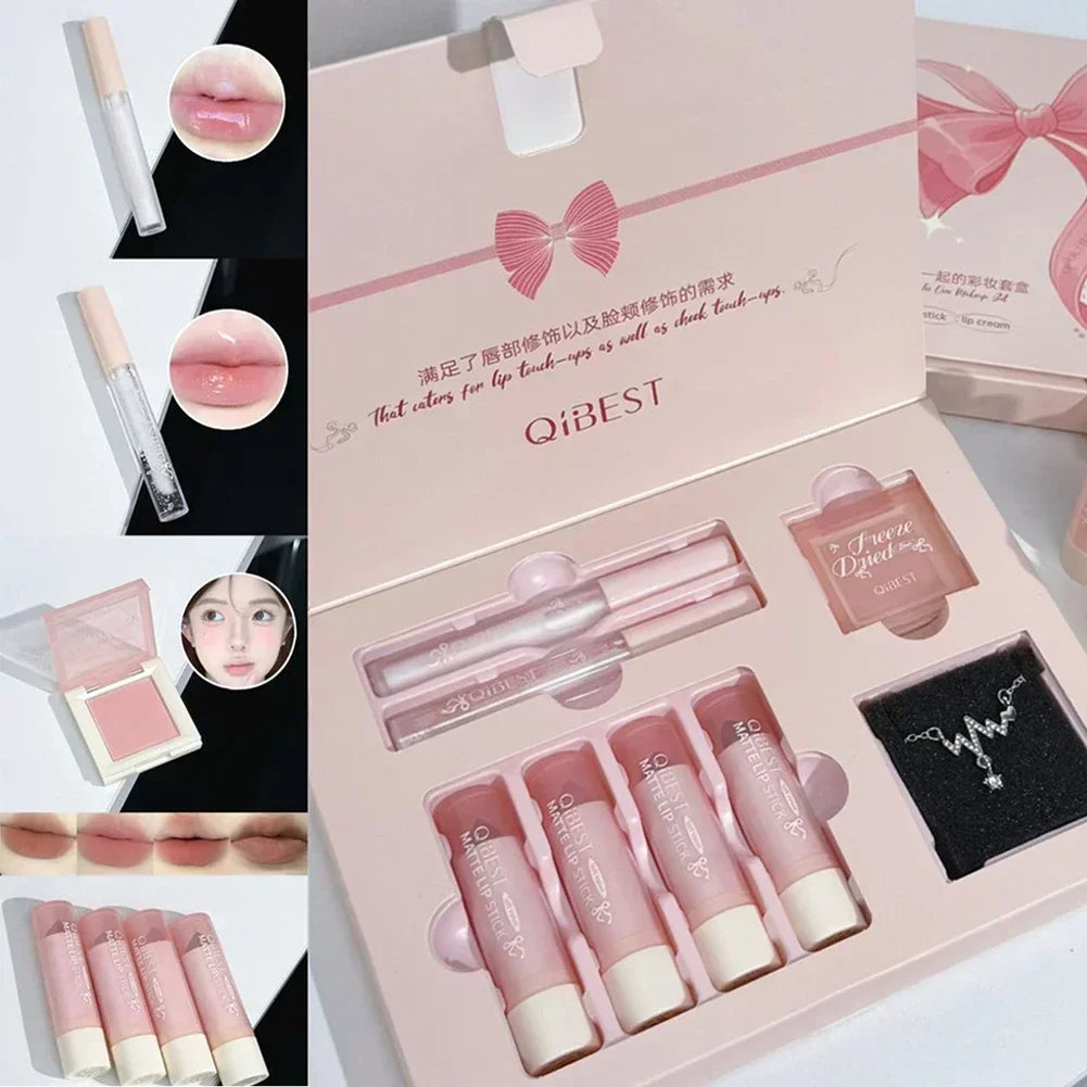 8Pcs Makeup Set Include 4pcs Velvet Nude Matte Liquid Lipstick And 1pc Face Blush Palette With Necklace Gift Cosmetics