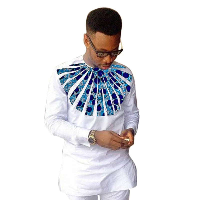 Nigerian Fashion White Men's Shirts O-Neck Modern Design Sector Patchwork Tops Customized African Wedding Party Wear