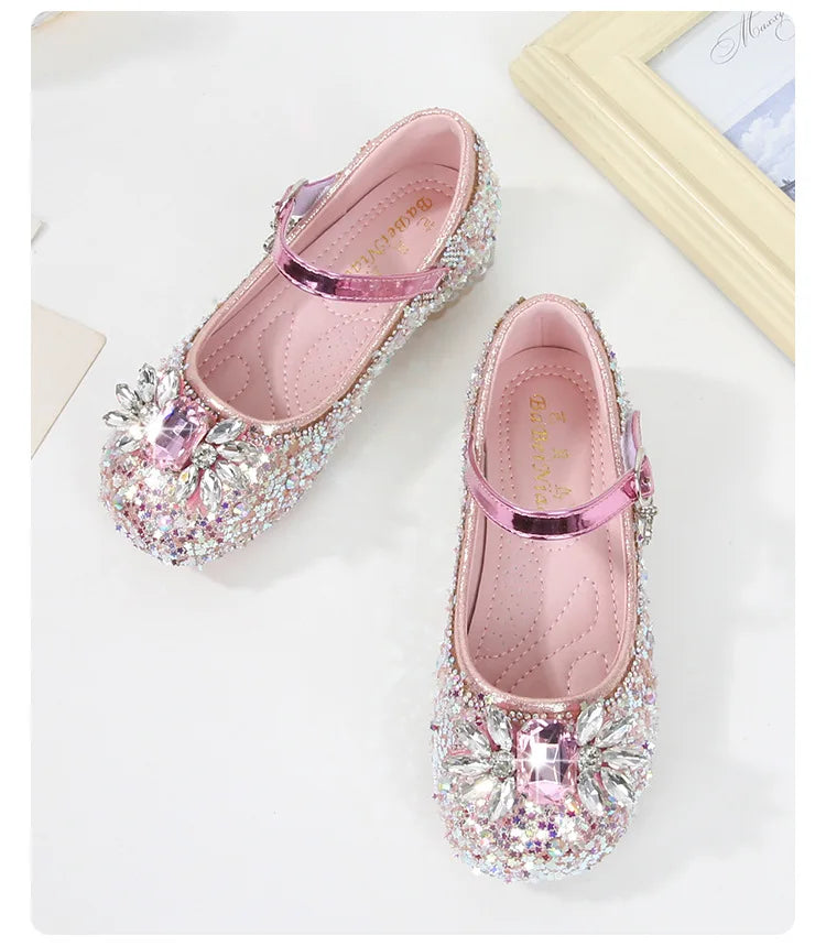 Girls Leather Shoes Fashion Flat Child New Sequin Flash Single Shoes Little Kids Crystal Princess Footwear Wedding Party Shoes