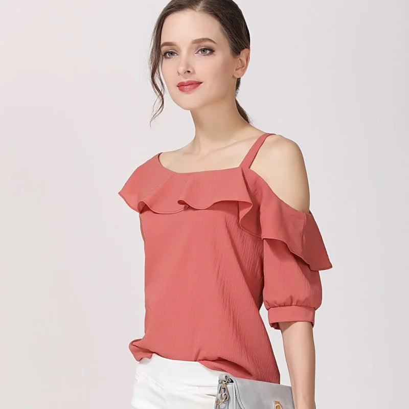 Fashion Women Blouses Sexy Slash Neck Chiffon Women Blouse Shirt Short Sleeve Summer Ladies Tops
