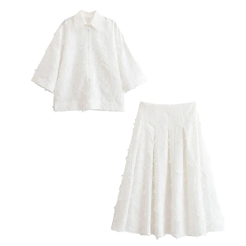 HH Women Shirt Skirt Suit Lapel Single-Breasted Tassel Decoration Casual Shirt Top+Fashion High Waist Zipper Pleated Skirt