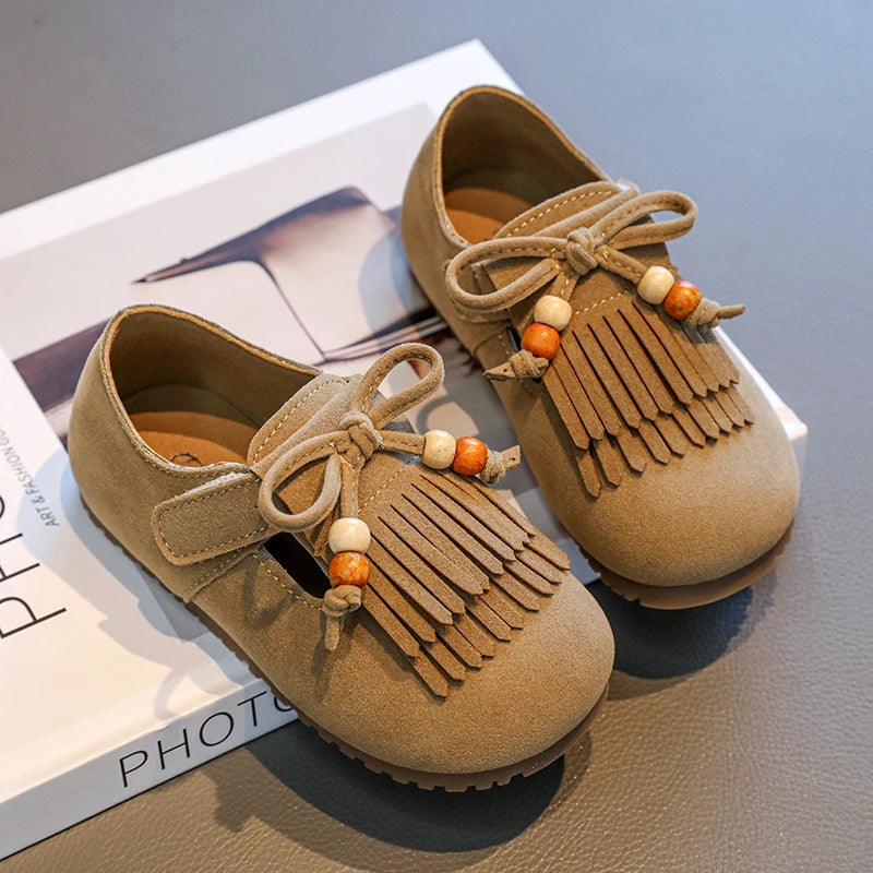 Girls' All-inclusive fringed Boken shoes 2025 Autumn Edition Soft-soled little girl princess Shoes Children's Bean single shoes