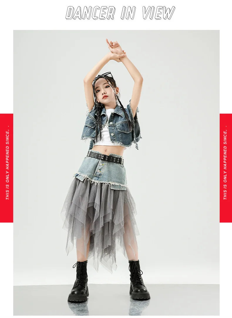 Girls Hip Hop Clothing Denim Sleeveless Jacket Vest Top Street Patchwork Mesh Skirt for Kids Jazz Dance Costume Clothes