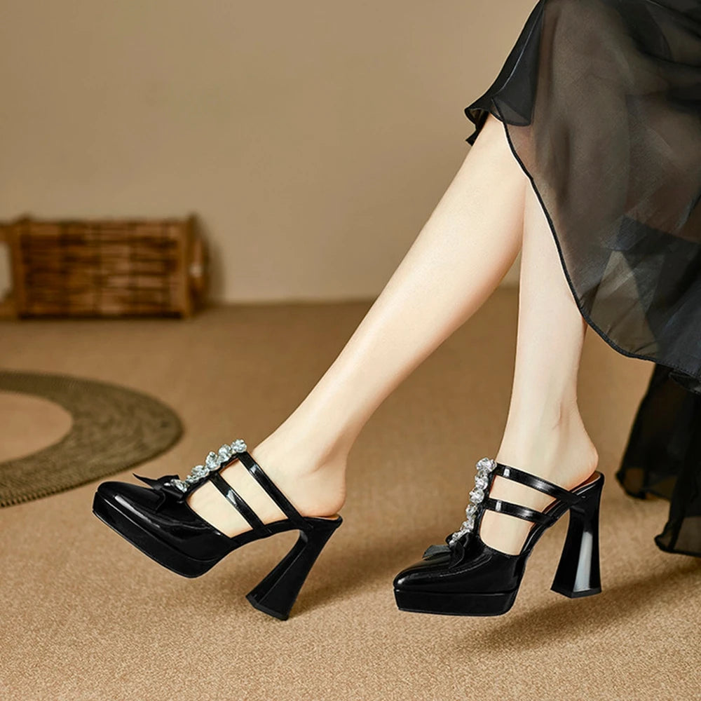 Thick High Heels Sandals Women Genuine Leather Fashion Rhinestone Bow Pointed Dress Wedding Party Dress Pumps Shoes 898-222