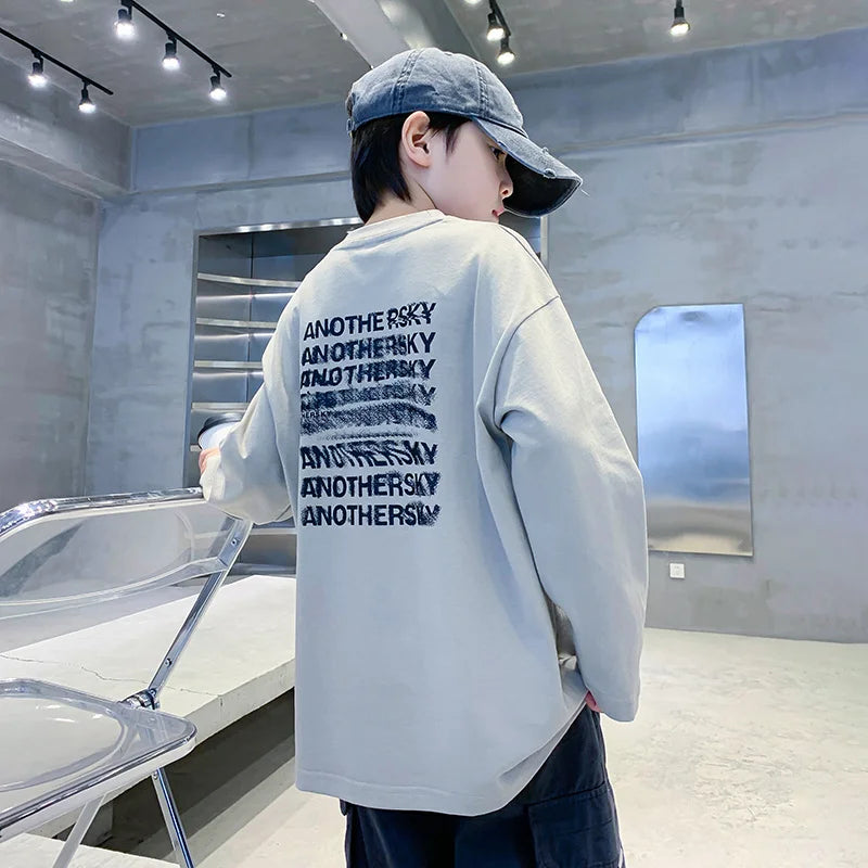 Teenage Kids Tshirts New Spring Fall Clothes Fashion Letter Fake Two Piece Sleeve Costume T-shirt Child Cotton Boy Tees Tops