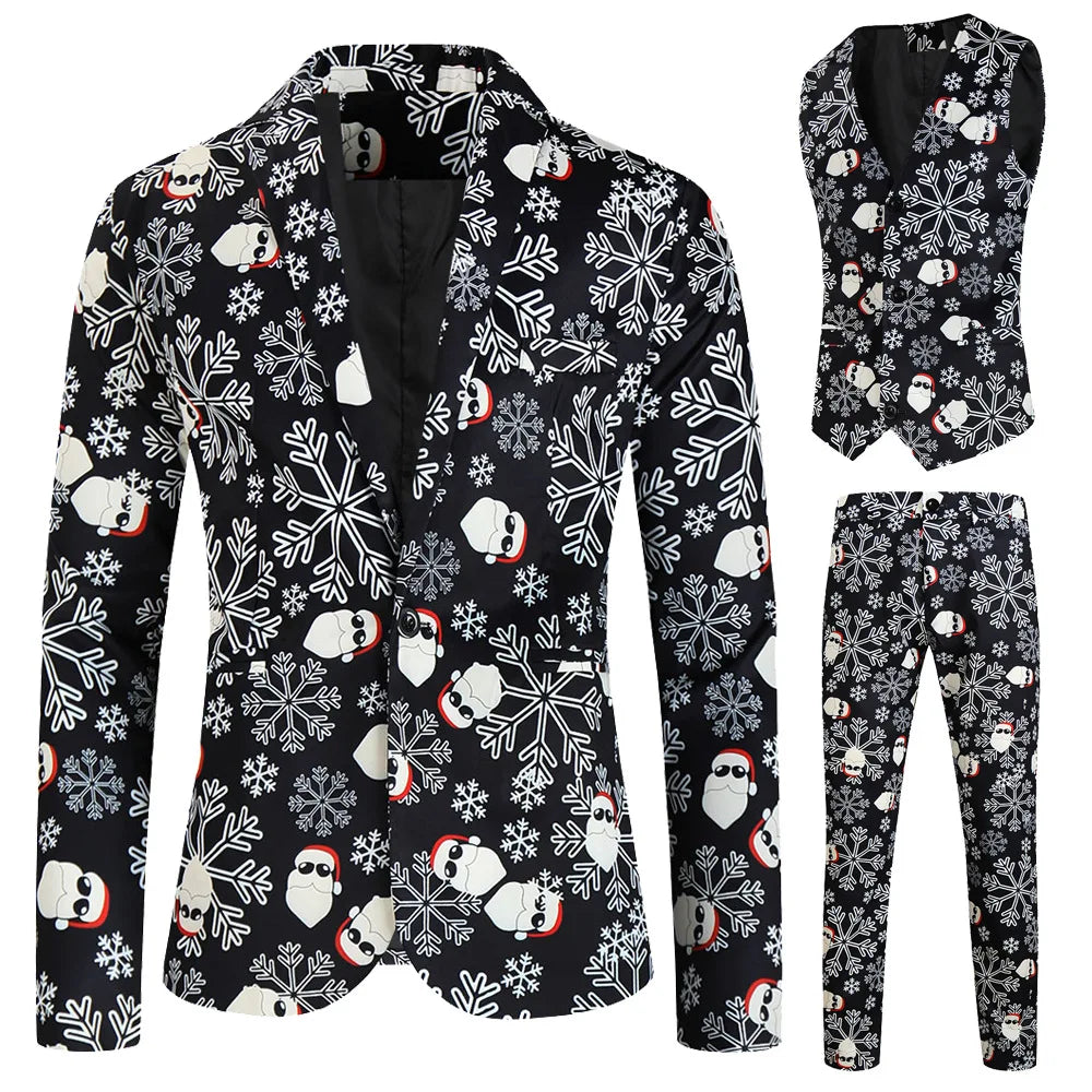 New Men's 3 Piece Christmas Sets Blazers+Vest+Pants 2026 Xmas Printed Men Suit Set Party Stage Dress Up Style Costume Streetwear