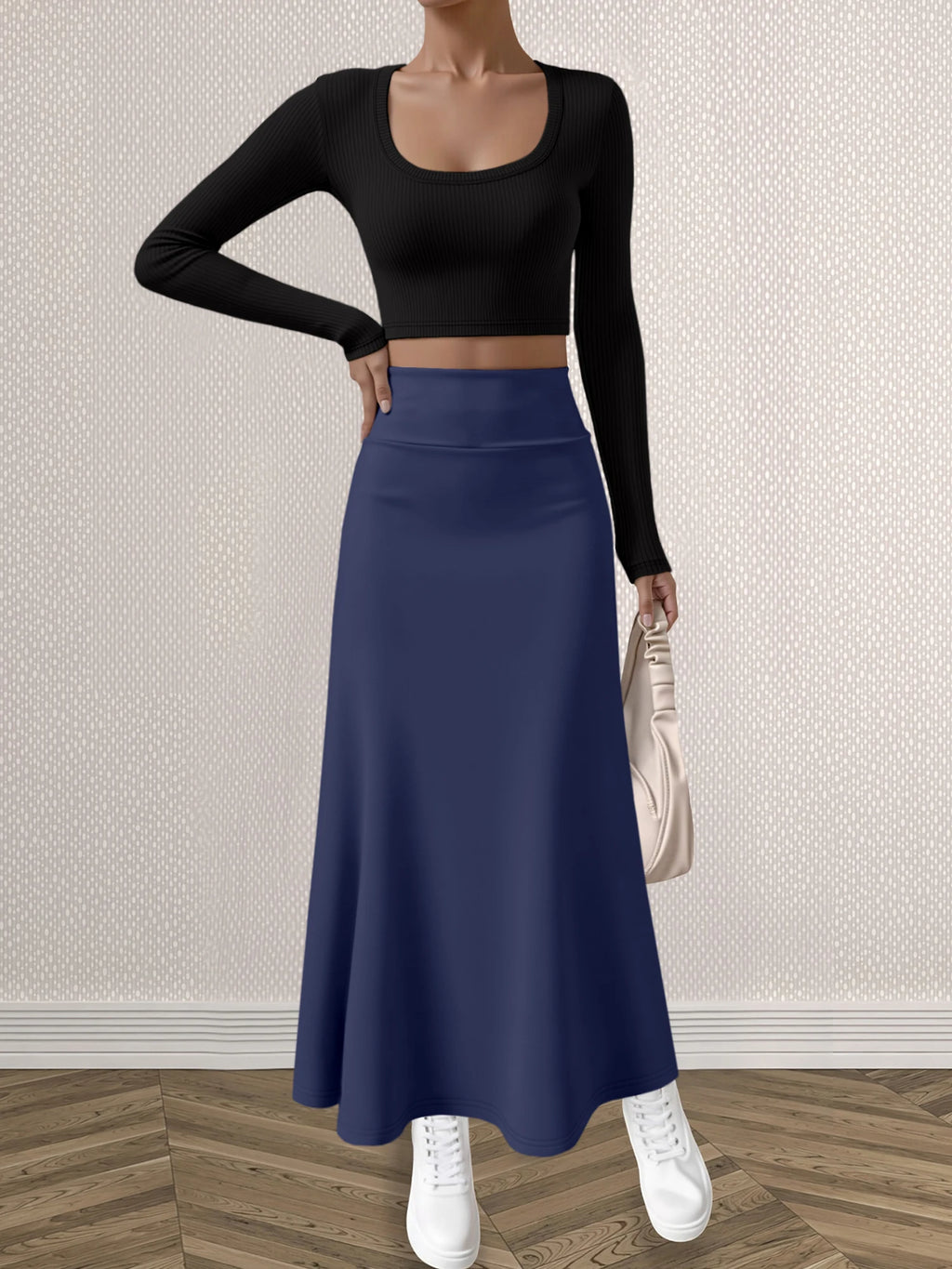 Mature Style Women 2Pcs Outfit, Ribbed Square Neck Crop Top + High Waist Draped A-Line Maxi Skirt