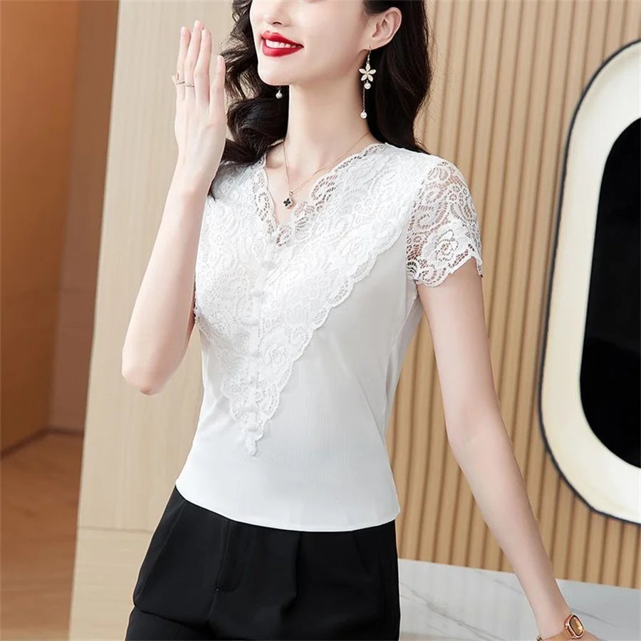 Women Summer Style Lace Blouses Shirts Lady Casual Short Sleeve V-Neck Lace Patchwork Blusas Tops DF4899