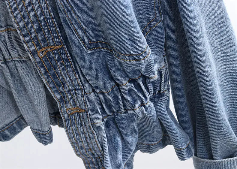 Jean Jacket V-neck Pleated Waist Slim Coat Women's Autumn Korean Fashion Personalized Irregular Shirt Loose Casual Denim Tops