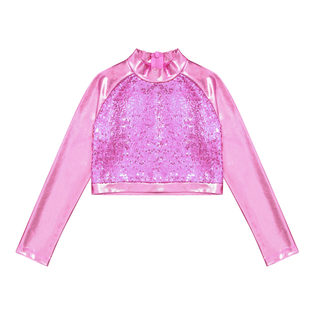 Kids Girls Shiny Metallic Crop Top Mock Neck Long Sleeve Front Sequin Fully Lined Athletic T-Shirts Jazz Hip-hop Dance Tops