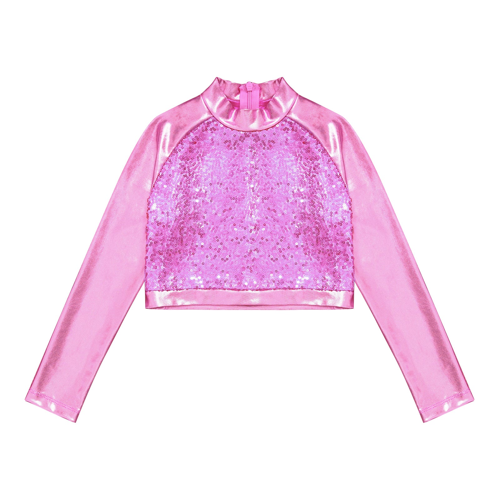 Kids Girls Shiny Metallic Crop Top Mock Neck Long Sleeve Front Sequin Fully Lined Athletic T-Shirts Jazz Hip-hop Dance Tops