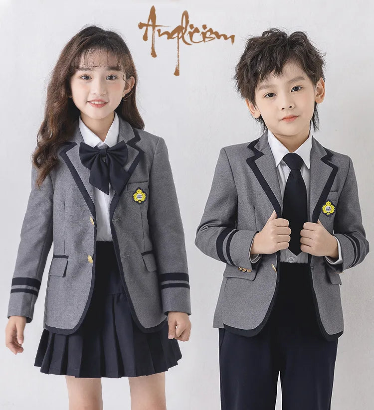 Child School Uniform Girls Korean Japanese Navy Jacket Pleated Skirt Boys Formal Dress Suits Kids Student Clothes Class Sets