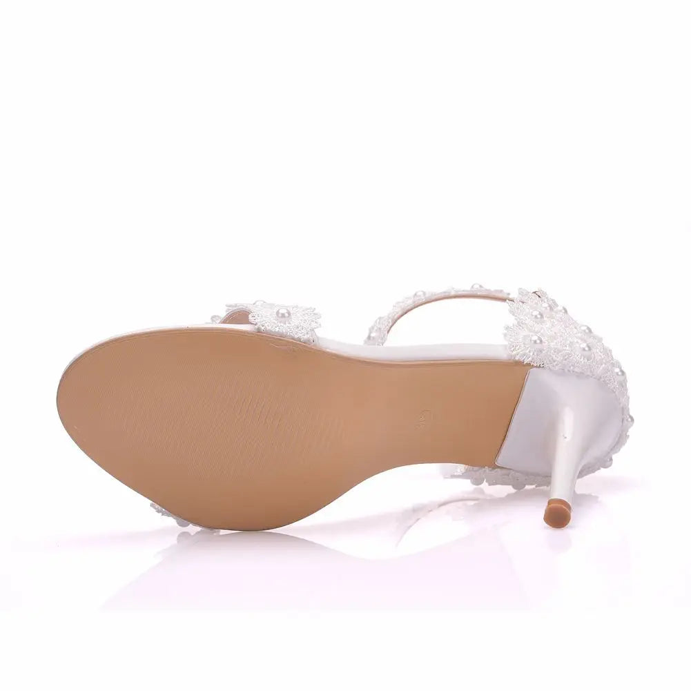 Women Shoes 9cm High Heel Sandals Summer Open toe Thin High Heels Luxury Lace Pearl Flower Wedding Shoes Bride Dress Pumps 34-43