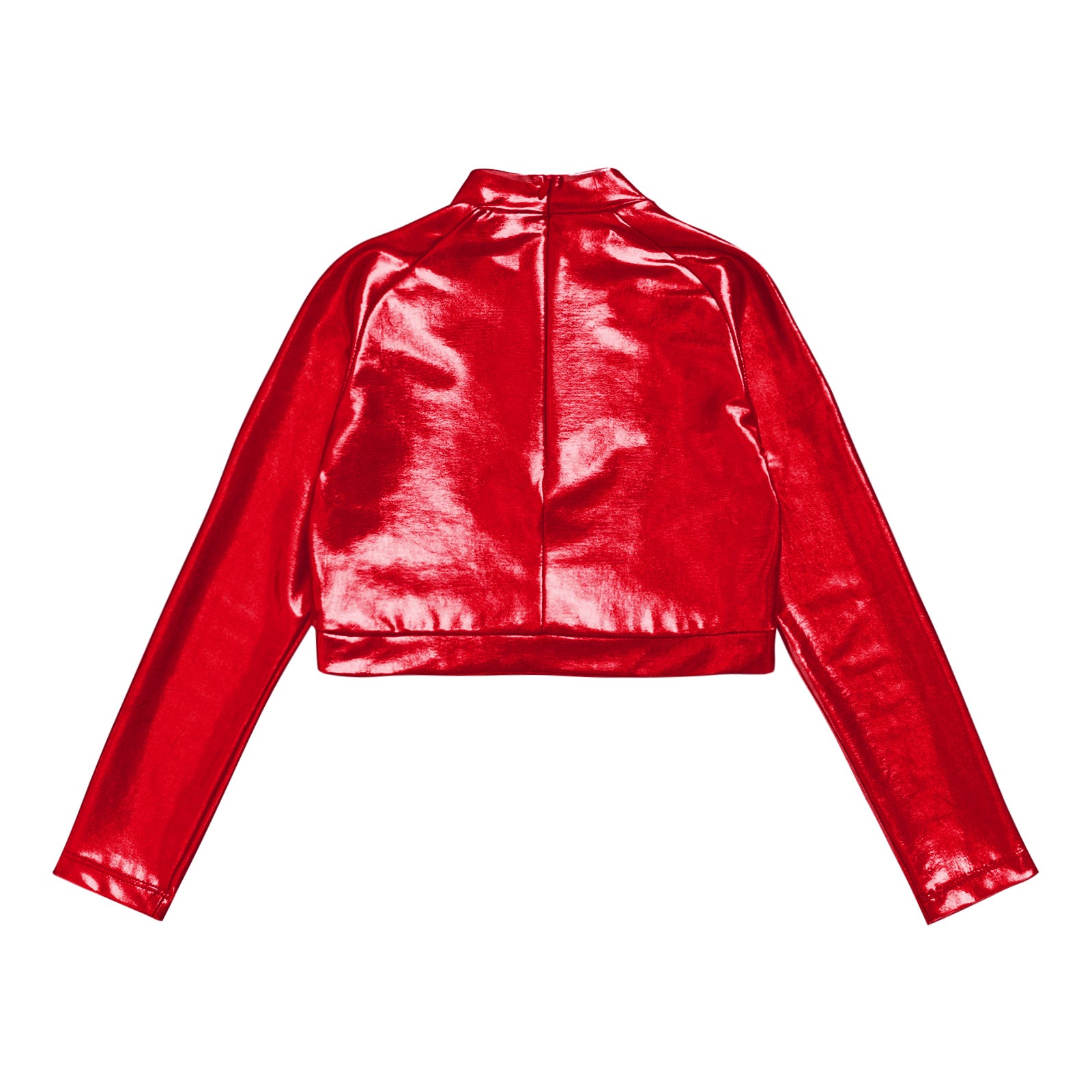 Kids Girls Shiny Metallic Crop Top Mock Neck Long Sleeve Front Sequin Fully Lined Athletic T-Shirts Jazz Hip-hop Dance Tops