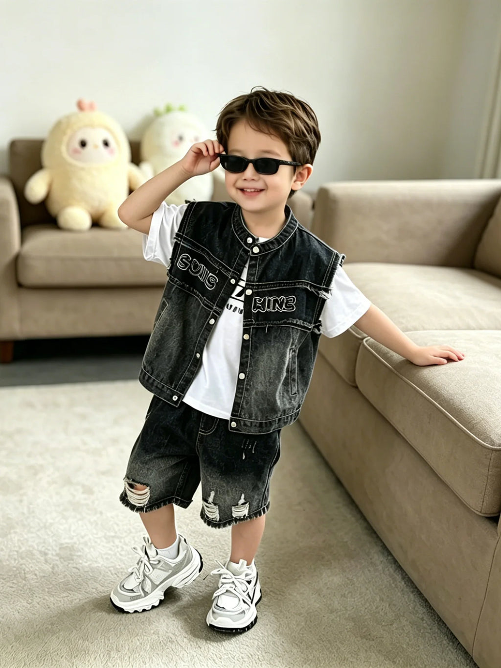 Kids Boys Streetwear Denim Vest & Shorts Set, 2026 New Fashion Black Washed 2PCS Outfit, Casual Loose Fit Summer Suit For Daily
