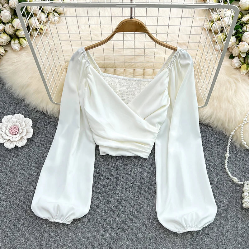 Beiyingni 2022 Spring Summer V-neck Blusas Women Plain Sexy Elastic Long Puff Sleeve Blouses Ladies Chic Ruched Crop Tops Female