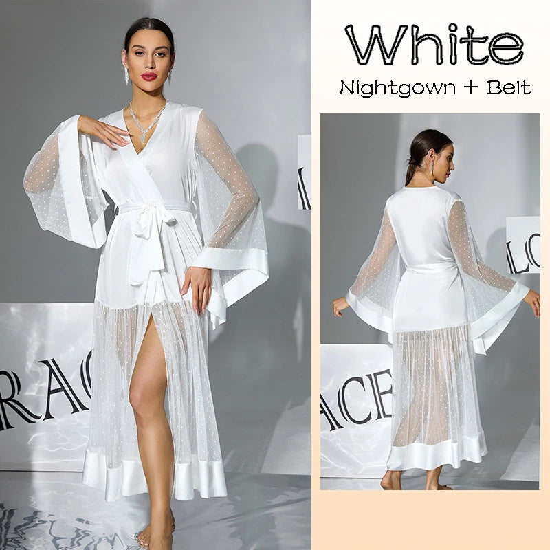 Summer Women Sexy Mesh Maxi Dress V-Neck Belted Polka Dot Sheer Robe Flare Sleeve Party Wedding Nightgown Beach Cover Up Vestido