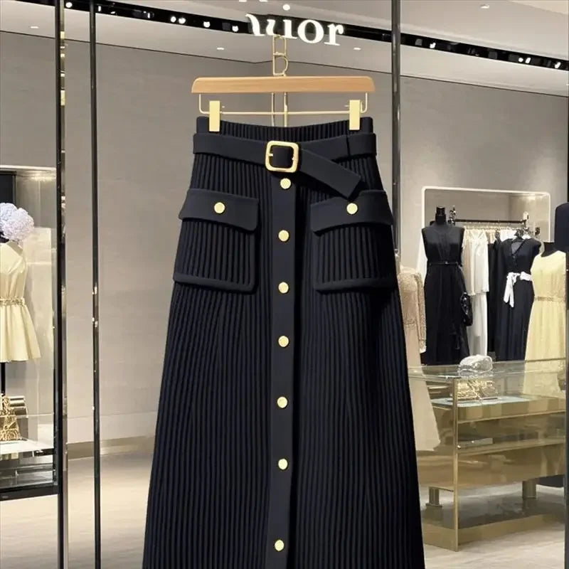 Elegant Office Lady High Waist Wrapped Knitted Skirts Autumn New Fashion Single Breasted Slim Temperam Wool Midi Skirt