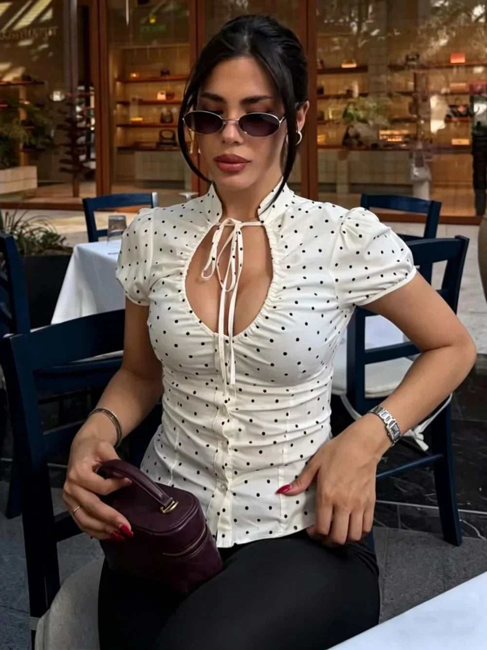Women Sexy V-Neck Single Breasted Crop Shirts 2026 Summer Female Chic Bow Lace-Up Puff Sleeve Slim Shirts Y2K Girl Cute Shirt
