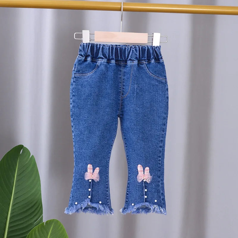 Jeans for Kids Girls Trousers Spring Autumn 2023 New Bow Bell-bottomed Stretch Princess pants for children Girl Denim Pants