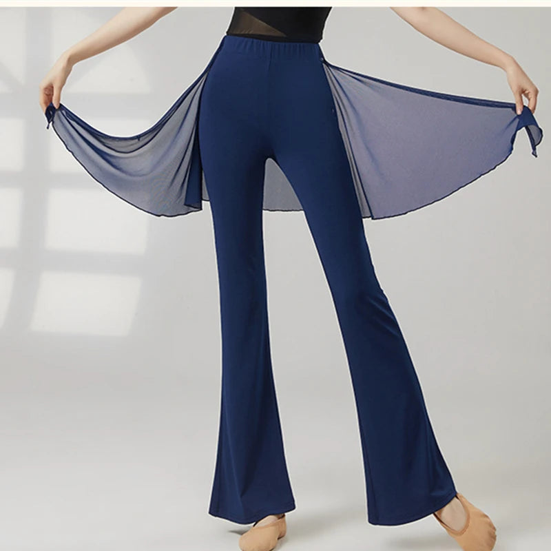 Modern Dance Pant Women Long Microflared Latin Trousers Mesh Wrap Skirt Classical Practice Costume Stage Line Dancewear Female