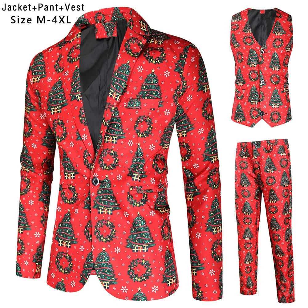 New Men's 3 Piece Christmas Sets Blazers+Vest+Pants 2026 Xmas Printed Men Suit Set Party Stage Dress Up Style Costume Streetwear