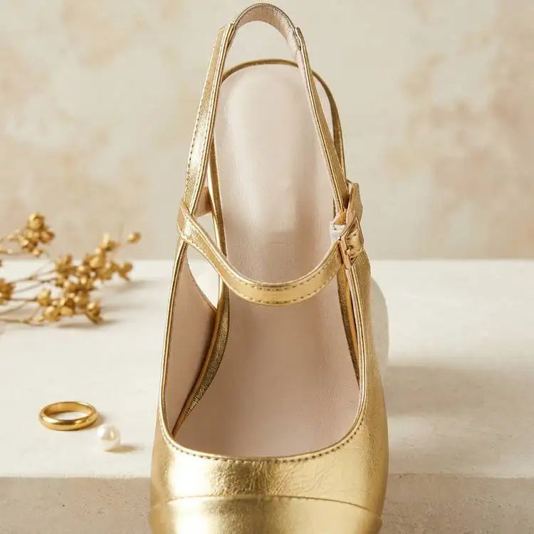 Mary Jane Colorful Leather Single Shoes Female Round Toe Back Empty Buckle Strap Women’s Sandals 7cm Chunky High Heels Office DE