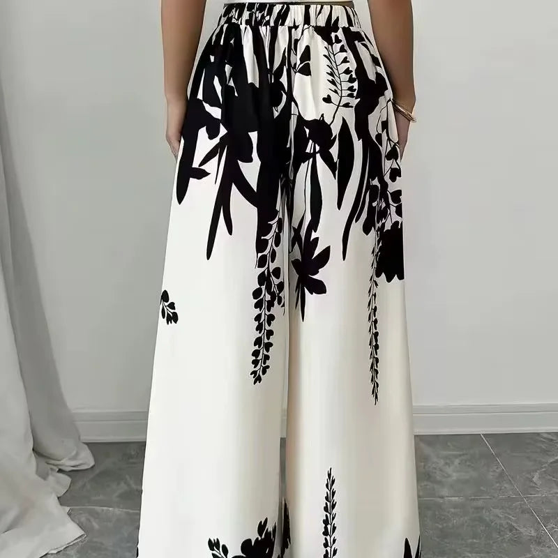 Women's Trousers Fashionable High Street Black And White Flower High Waist Casual Wide Leg Pants 2026 Spring Summer New Style