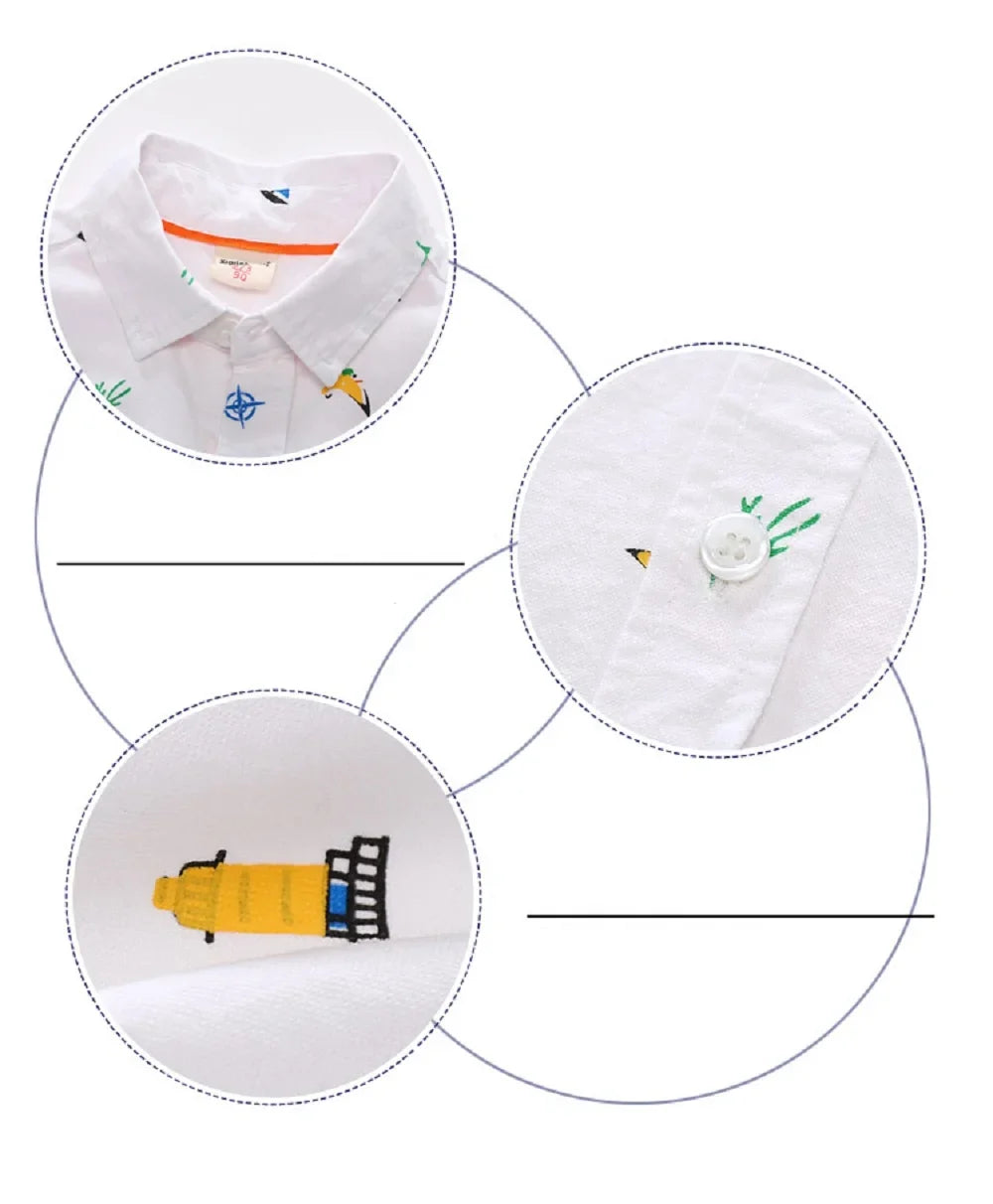 2 3 4 5 6 Years Boys Short Sleeve Collar Shirt Summer Children's Clothing Cotton Toddler Kids Cartoon Casual Tops White Blue