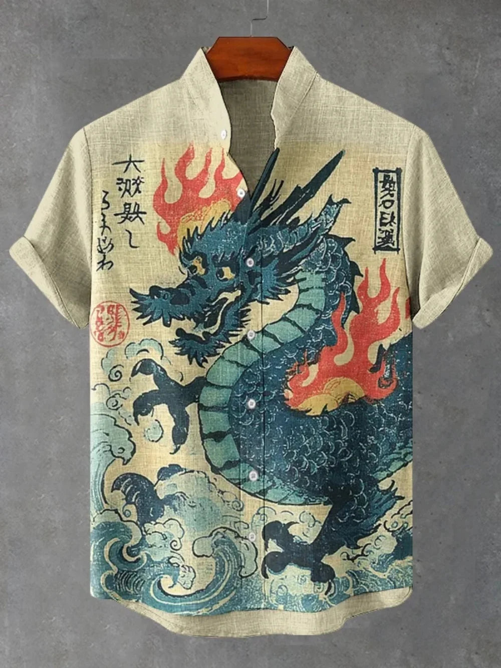 2025 new men's standing collar shirt, Japanese samurai printed cardigan button up shirt, retro linen short sleeved men's shirt