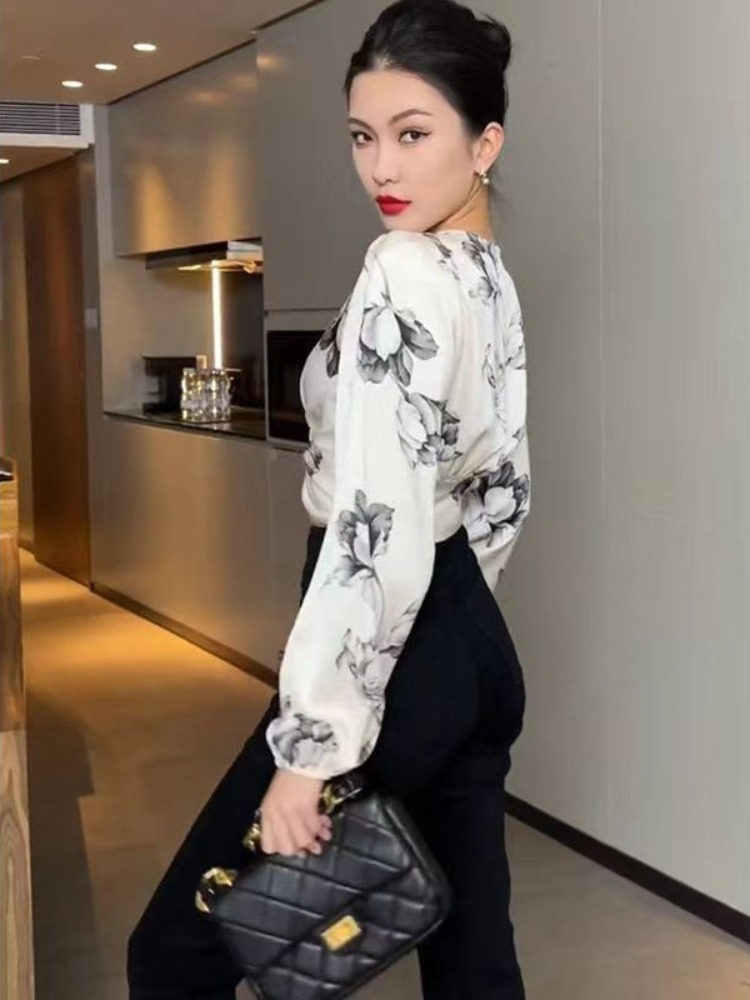 Pretty and Cheap Women's Blouse Sexy Asymmetrical Cool Floral Beautiful Top Ruffle Chiffon Trends Satin Shirt Woman Youth Casual