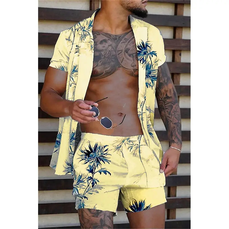 Men's Shirt Set Funny 3D Flower Pattern Print Shirt +Shorts 2 Piece Hawaiian Beach Vacation Streetwear Summer Casual Outfit Suit