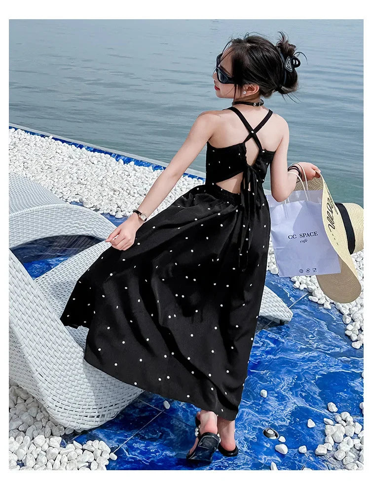 teenage girls dress design sense cross tie polka dot camisole princess dresses summer junior backless long skirt prom dresses 12