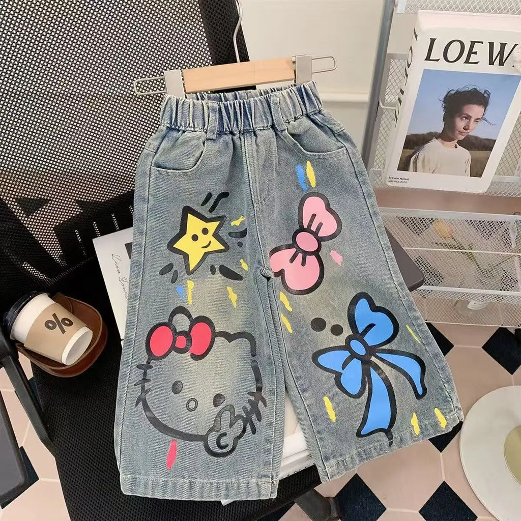 2026 Sanrio Hello Kitty Jeans Children Street Style New Loose Fit Trendy Cool Spring Autumn Fashion Long Denim Pants Casual Wear