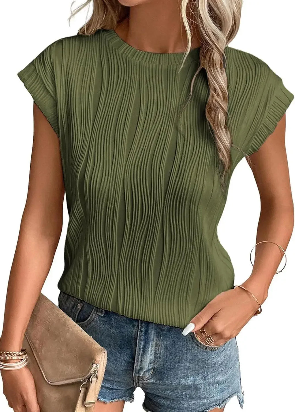 2025 Summer New Womens t-shirt Short Sleeve Textured Tops Crewneck Knit Solid Loose Casual Basic T Shirts Tee Blouses