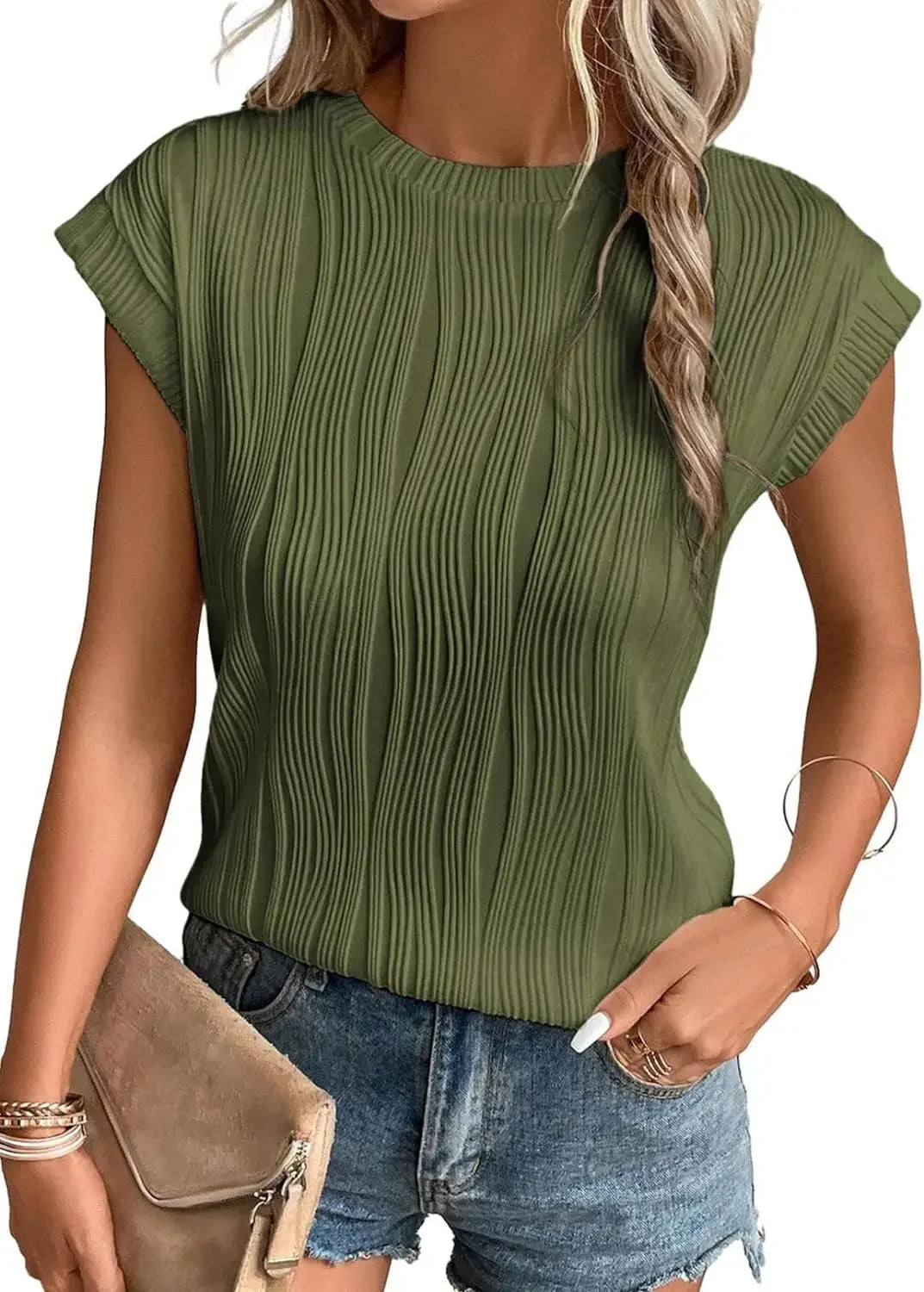 2025 Summer New Womens t-shirt Short Sleeve Textured Tops Crewneck Knit Solid Loose Casual Basic T Shirts Tee Blouses