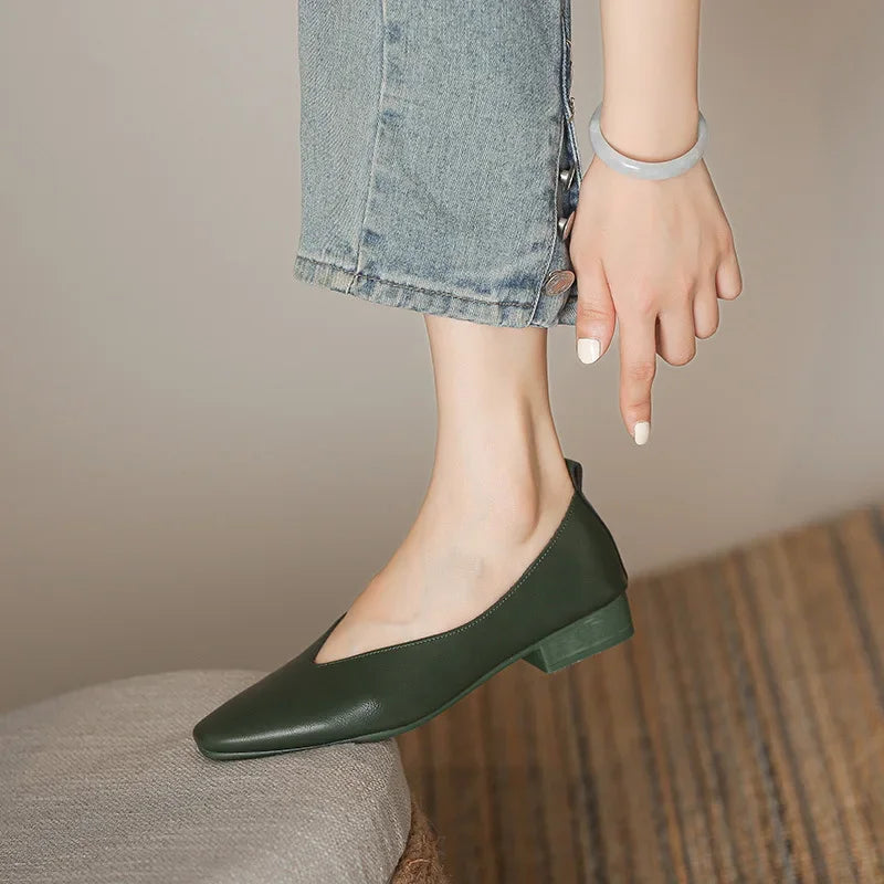 Genuine Leather Multi-color Low-heeled women's Shoes  Round Toe Flat Bottom Shallow Cut Single Shoe Casual Versatile Loafers