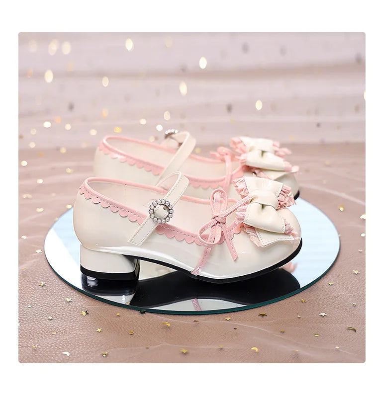 Girl Princess Shoes Spring 2026 New Bow French Heels Leather Shoe Sweet Lolita Party Dress Shoes Children's Mary Jane Size 26-36