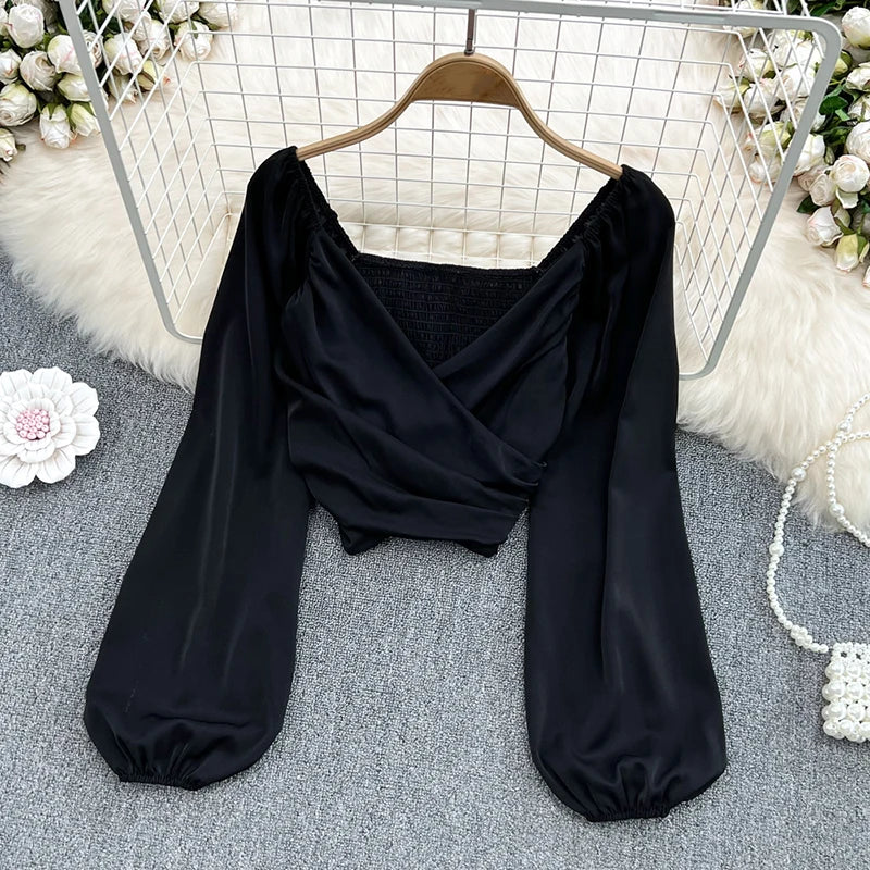 Beiyingni 2022 Spring Summer V-neck Blusas Women Plain Sexy Elastic Long Puff Sleeve Blouses Ladies Chic Ruched Crop Tops Female