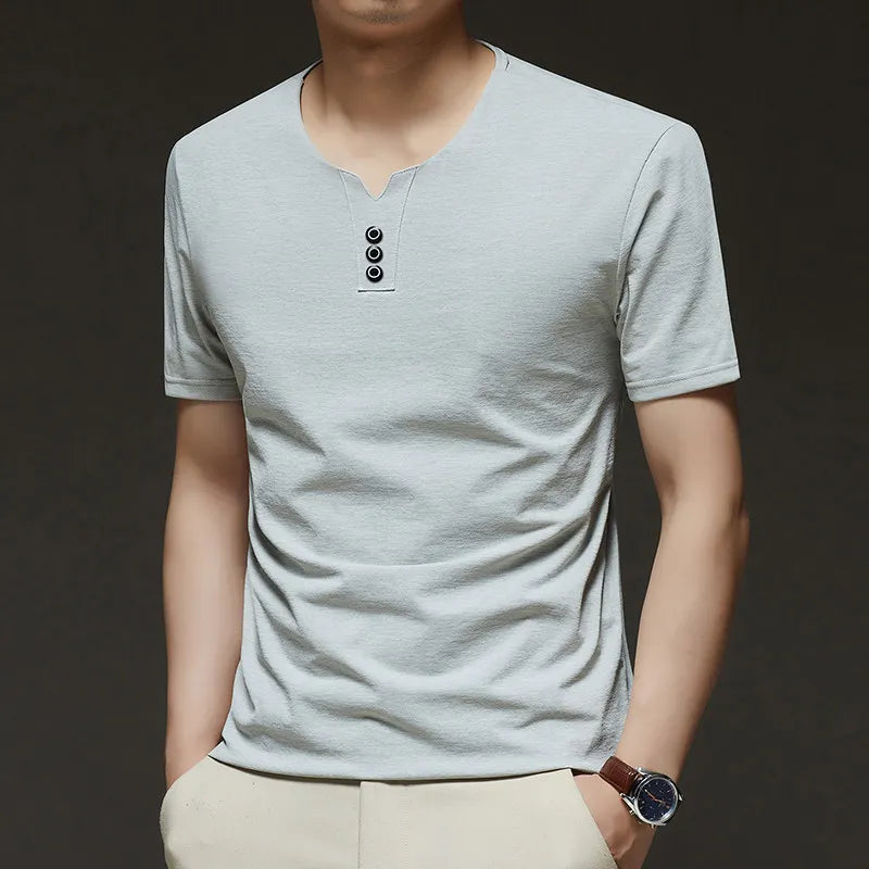 Three Button V-neck T-shirt Men 2026 New Men's Business Casual Short Sleeve Tshirt Korean Style Summer Comfortable Versatile Top