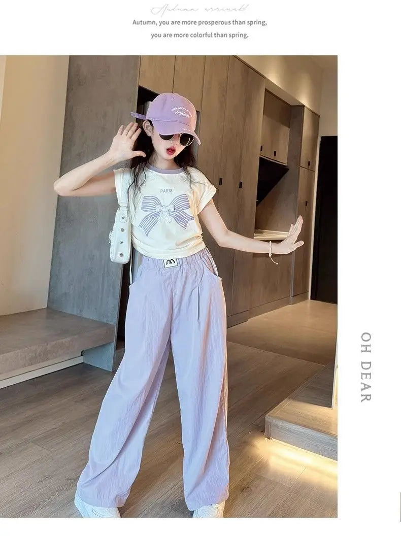 Teen Girls Summer Clothes Color Matching Cartoon T-shirt Trousers Two-piece Suit New Korean Style Sports Suit Children Outfit