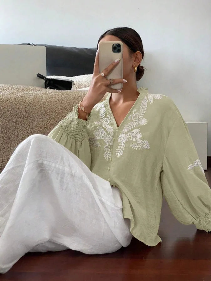 Women Autumn Single Breasted V-neck Blouses and Shirts Ladies Casual Embroidery Long Sleeve Shirt Tops