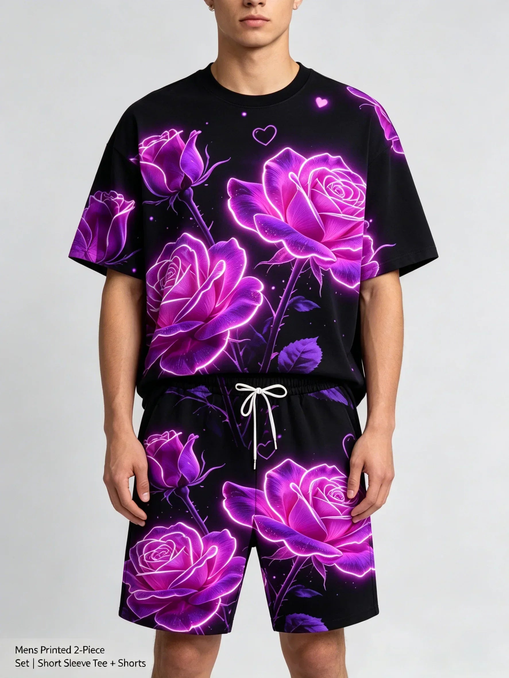 Summer Men's 2-Piece Print Set Casual Loose T-Shirt & Elastic Waist Shorts Outfit