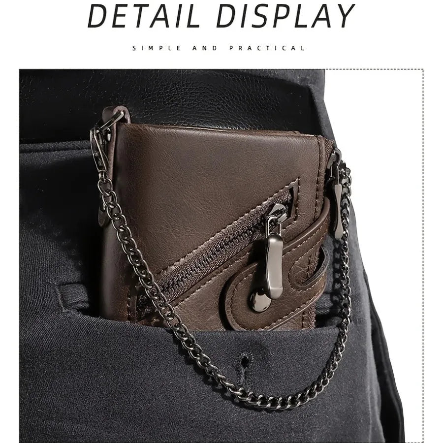 New Men's Chain Wallet RFID Anti-Theft Men's PU Leather Wallet Double Zipper Coin Purse Credit Card Holder for Men and Women