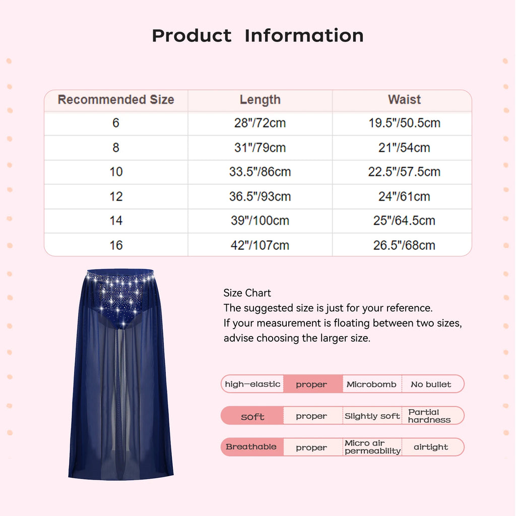 Kids Girls Lyrical Modern Dance Skirt Shiny Rhinestones Open Front Flowy Sheer Mesh Skirt with Built-in Briefs Ballet Dresses